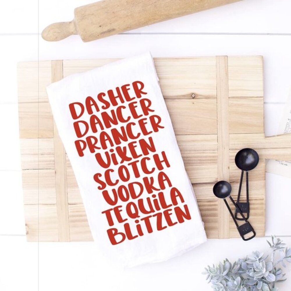 Funny Dasher Dancer Christmas Drinking Kitchen Towel - Cotton Bar Towel